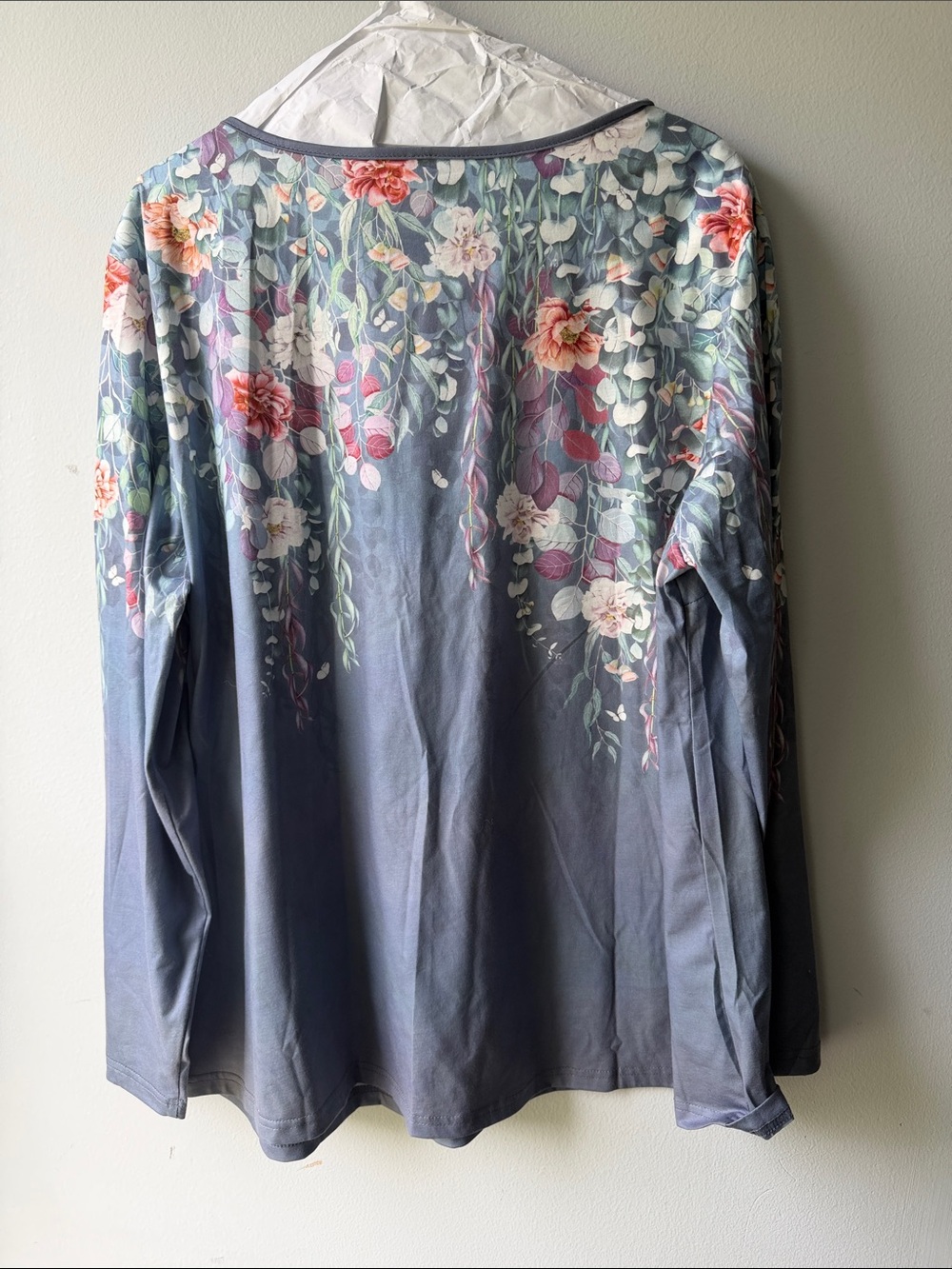 Floral Watercolor Long Sleeve Top - Gray with Pink & Green Blooms - Picture 5 of 5